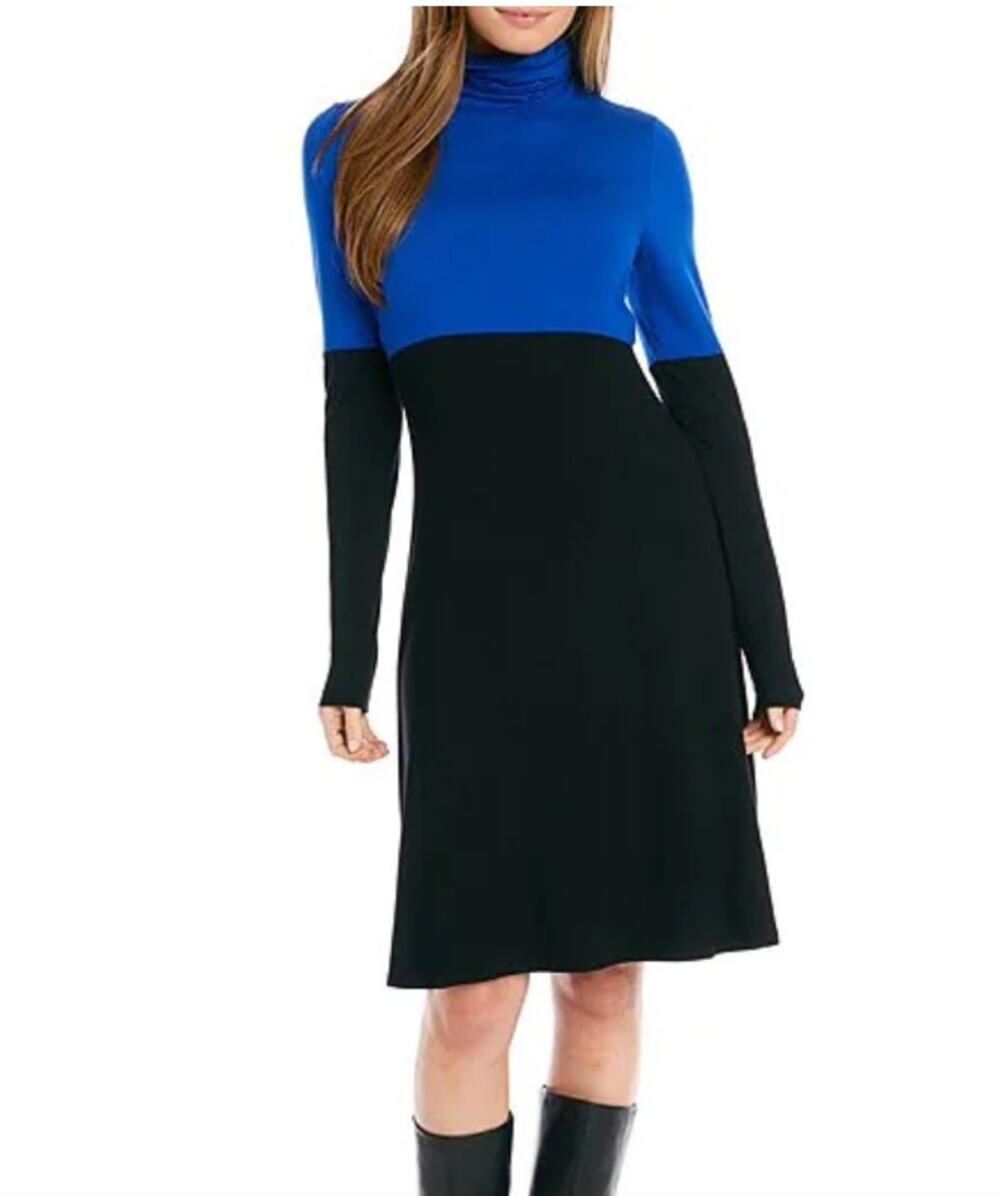 Karen Kane Jersey Color Block Turtleneck Long Sleeve Dress Blue Black XL NEW